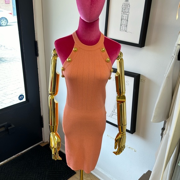 Balmain Gold Button Embellished Coral Knit Mini Dress Size 36 - Picture 2 of 13